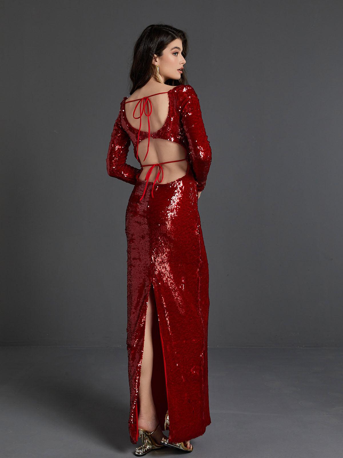 V-Neck Long Sleeve Sequin Midriff Cutout Column Maxi Gown