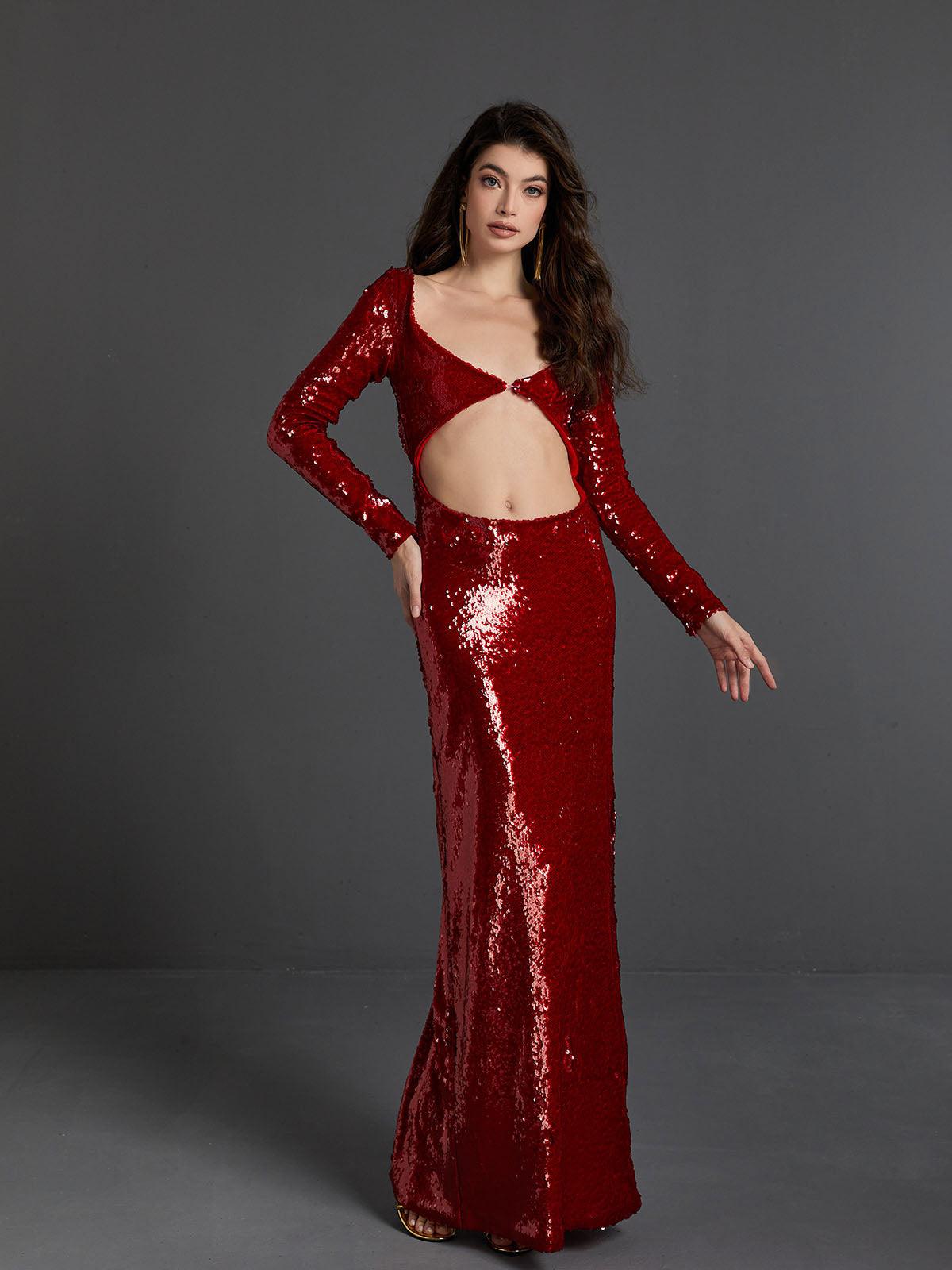 V-Neck Long Sleeve Sequin Midriff Cutout Column Maxi Gown