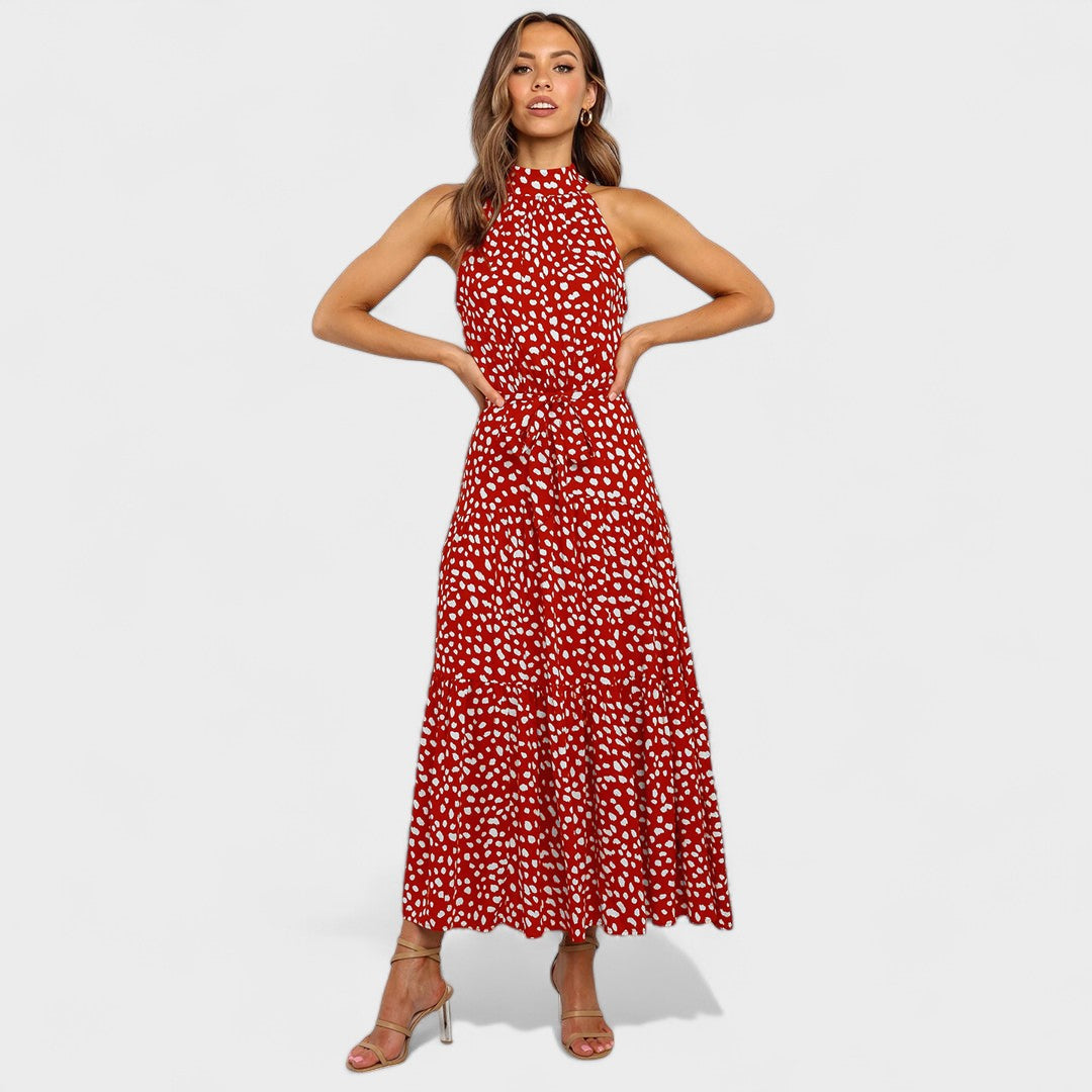 Halter Neck Polka Dot Tie Waist Tiered A-Line Maxi Dress 8