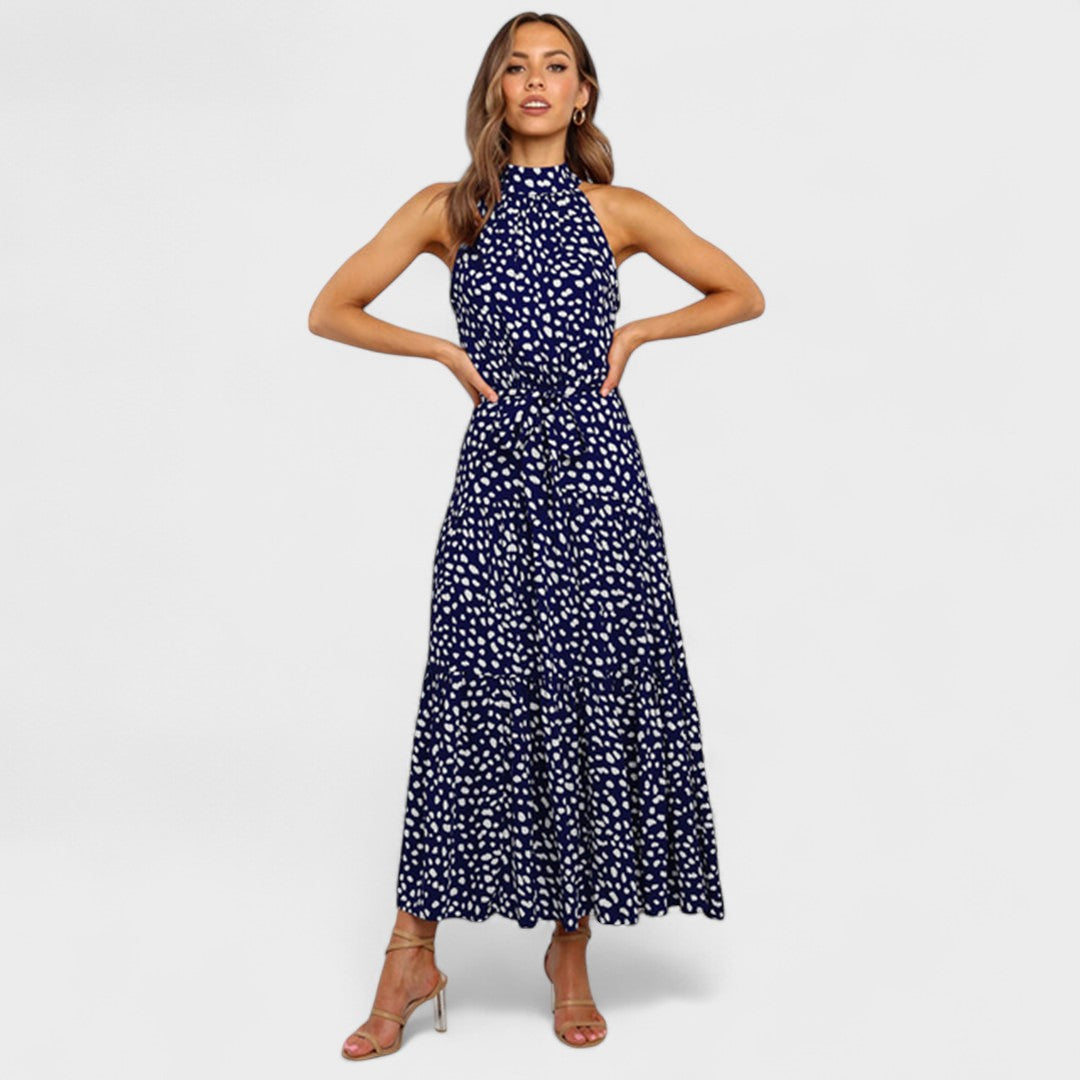 Halter Neck Polka Dot Tie Waist Tiered A-Line Maxi Dress 9