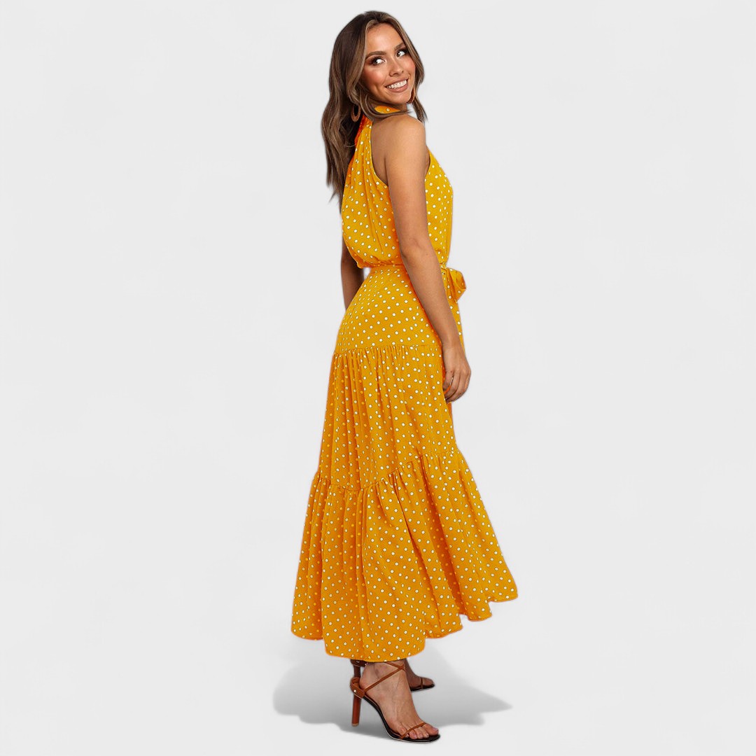 Halter Neck Polka Dot Tie Waist Tiered A-Line Maxi Dress 2