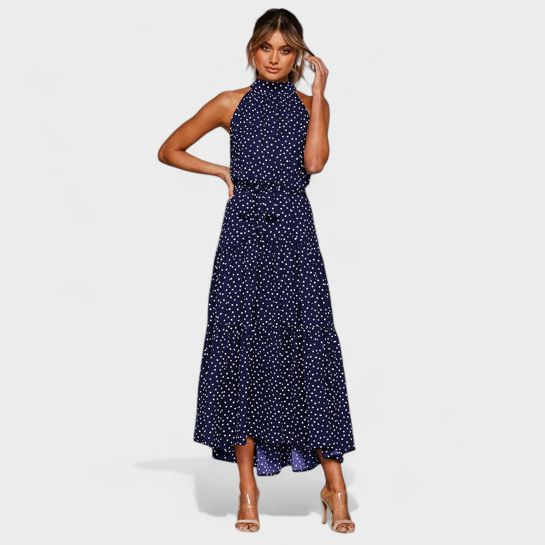 Halter Neck Polka Dot Tie Waist Tiered A-Line Maxi Dress 12