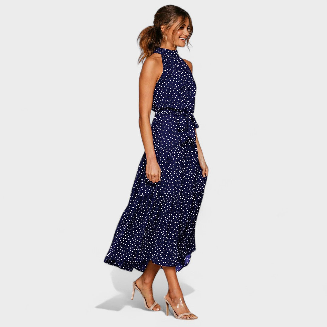 Halter Neck Polka Dot Tie Waist Tiered A-Line Maxi Dress 3