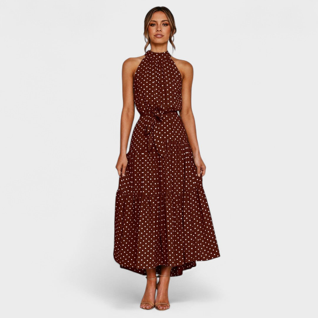 Halter Neck Polka Dot Tie Waist Tiered A-Line Maxi Dress 14