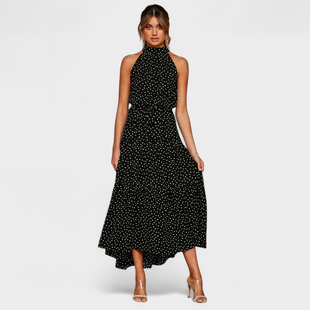 Halter Neck Polka Dot Tie Waist Tiered A-Line Maxi Dress 13