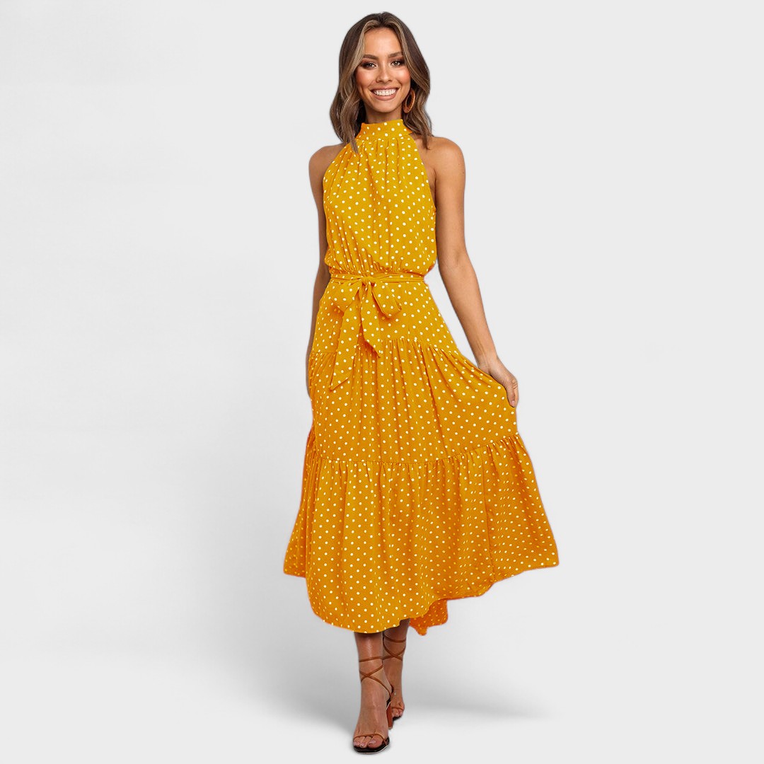 Halter Neck Polka Dot Tie Waist Tiered A-Line Maxi Dress
