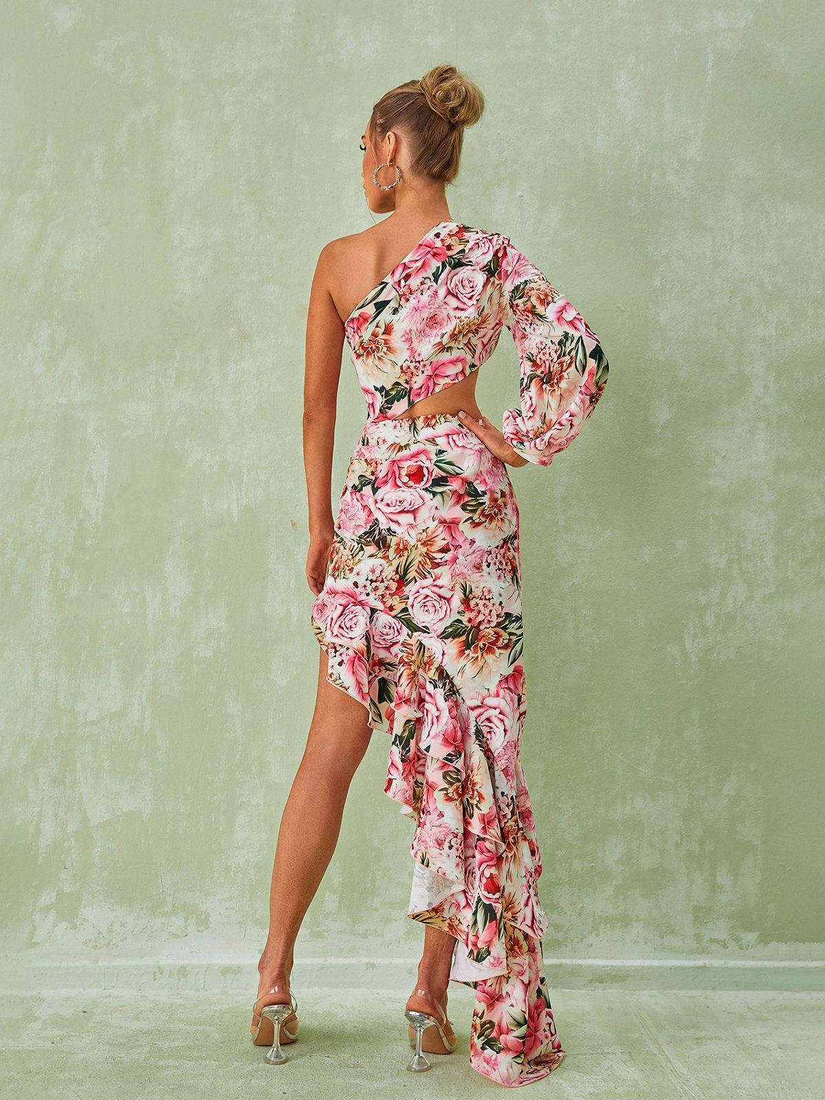 One-Shoulder Floral One Sleeve Cutout Ruffle High Slit Maxi Dress