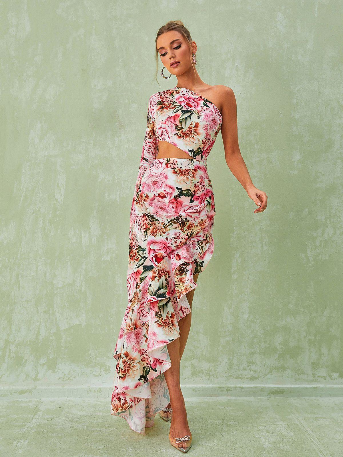 One-Shoulder Floral One Sleeve Cutout Ruffle High Slit Maxi Dress