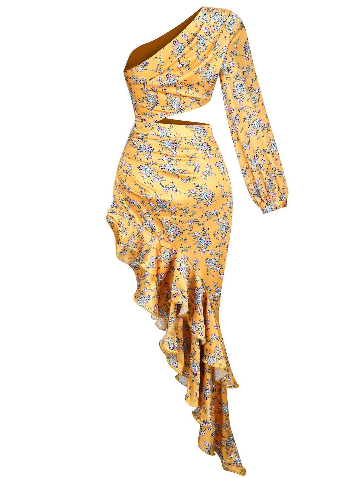 One Shoulder Floral Cutout Ruffle High Slit Maxi Dress