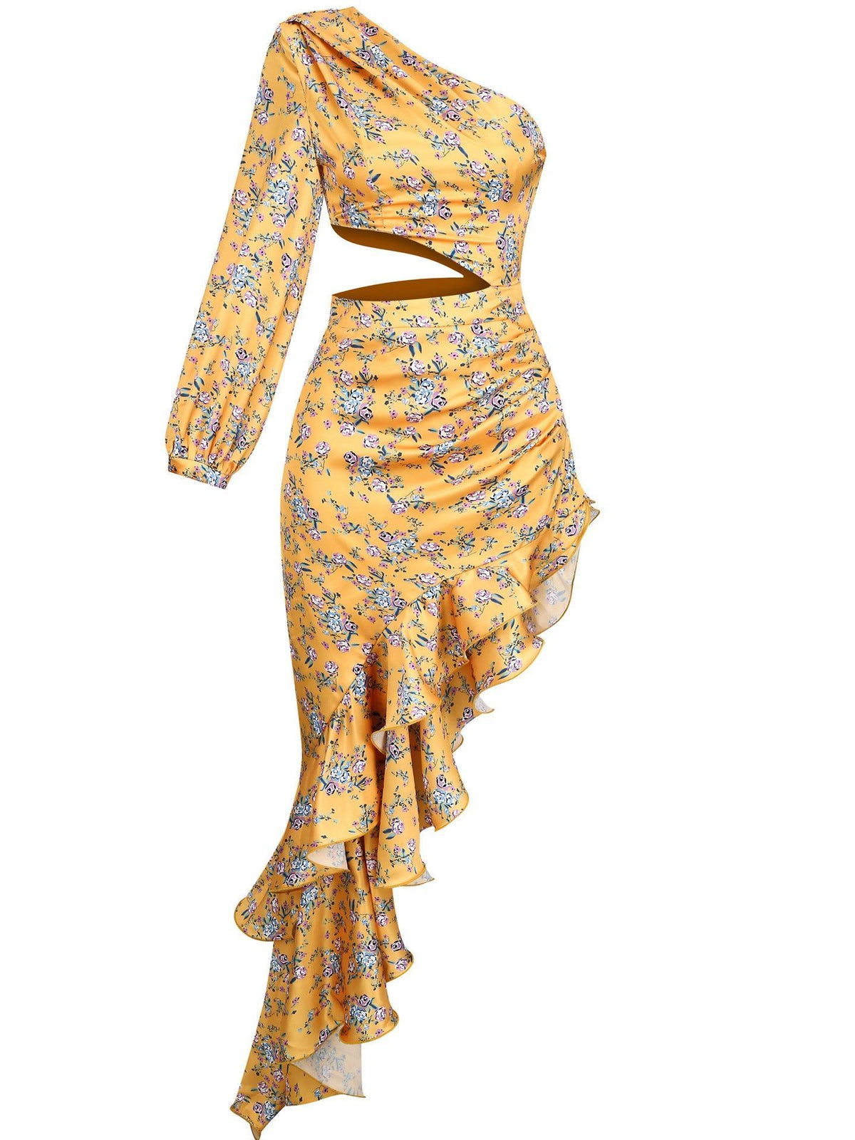 One Shoulder Floral Cutout Ruffle High Slit Maxi Dress