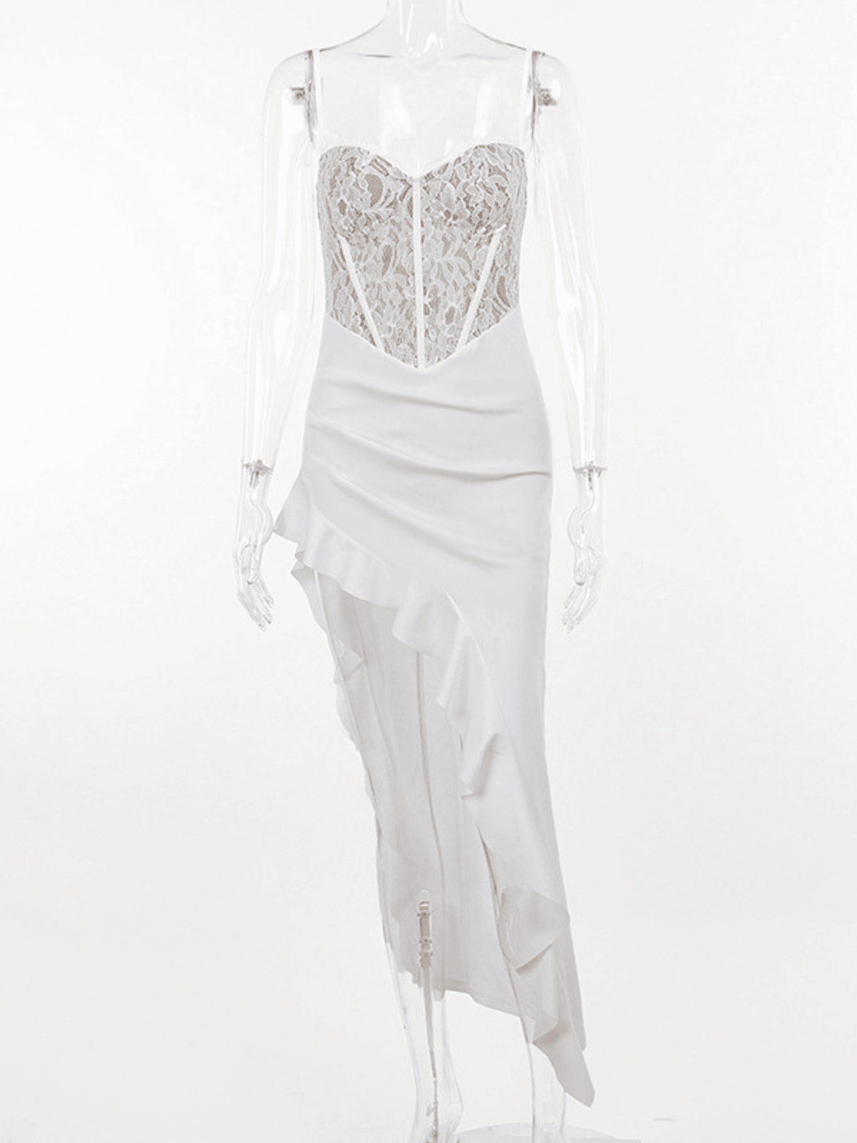 Lace Asymmetric Ruffle Midi Dress