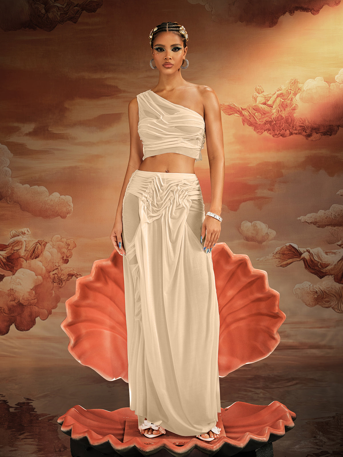 One Shoulder Ruched Skirt Set In Champagne