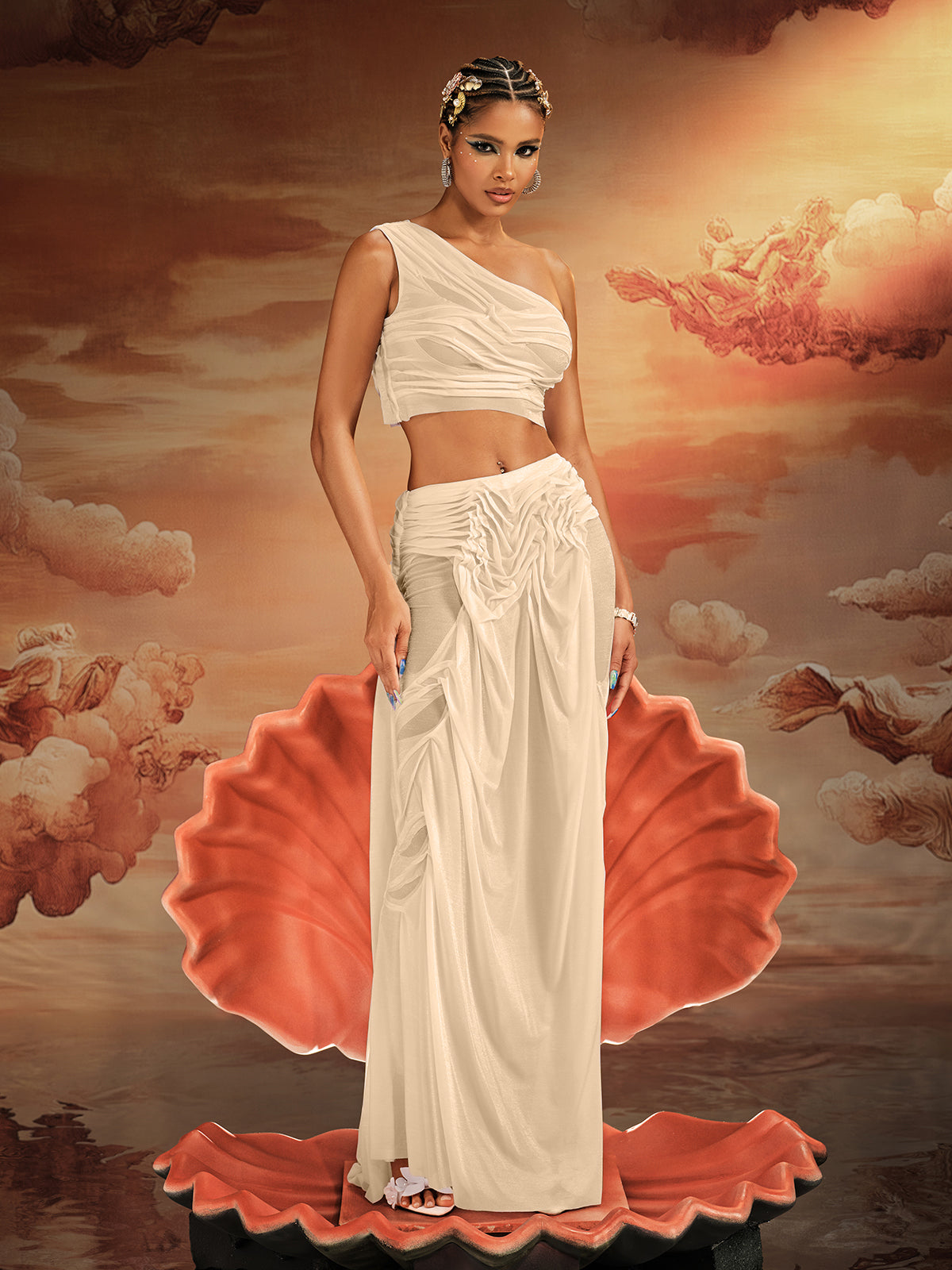 One Shoulder Ruched Skirt Set In Champagne