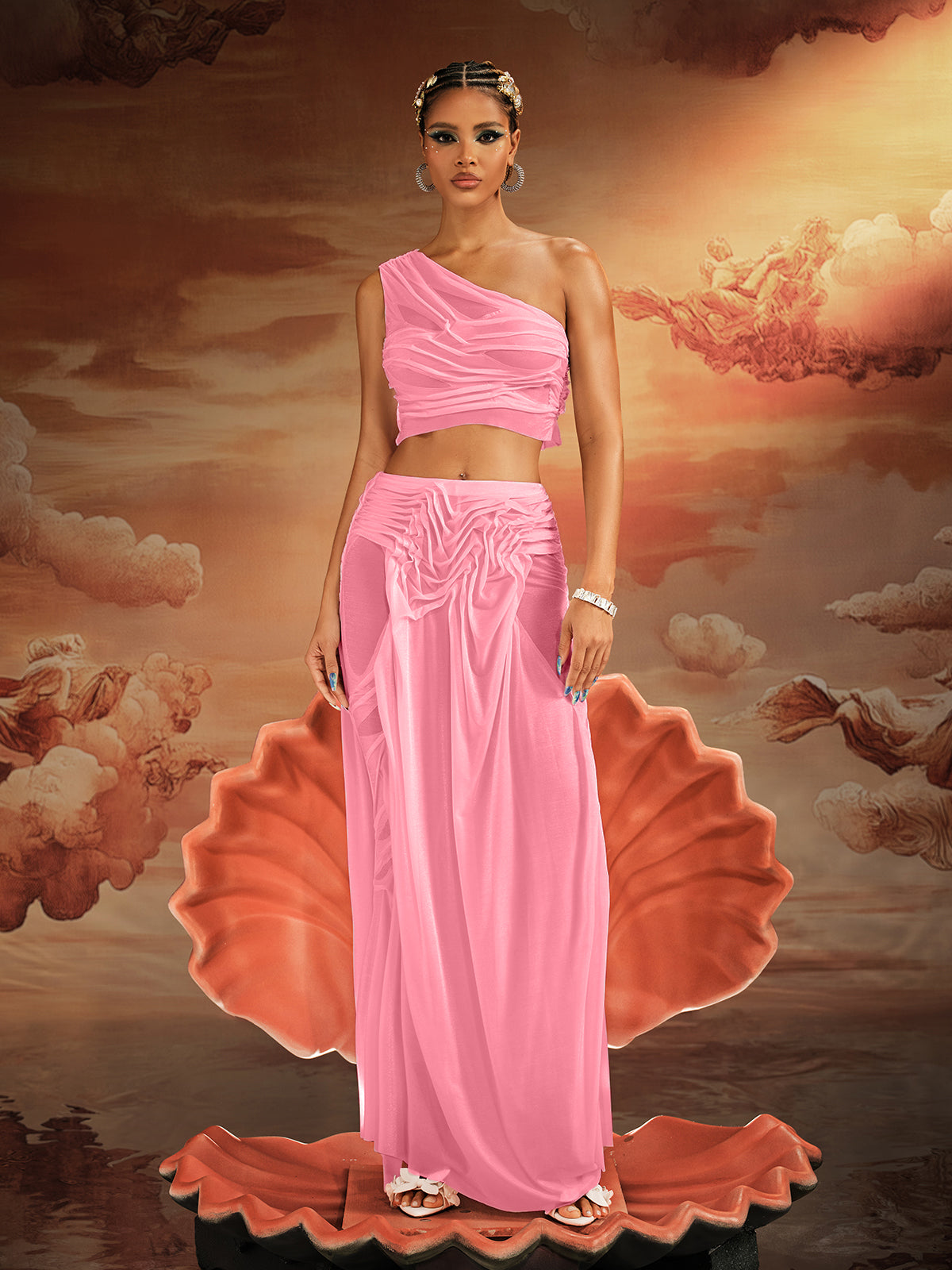 One Shoulder Ruched Skirt Set In Pink