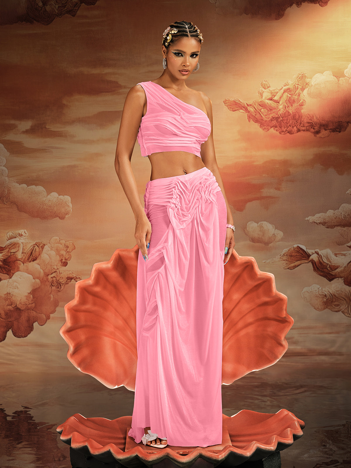 One Shoulder Ruched Skirt Set In Pink