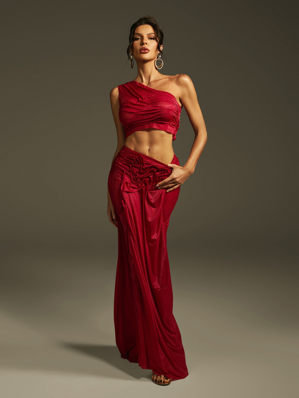 One Shoulder Ruched Skirt Set In Wine