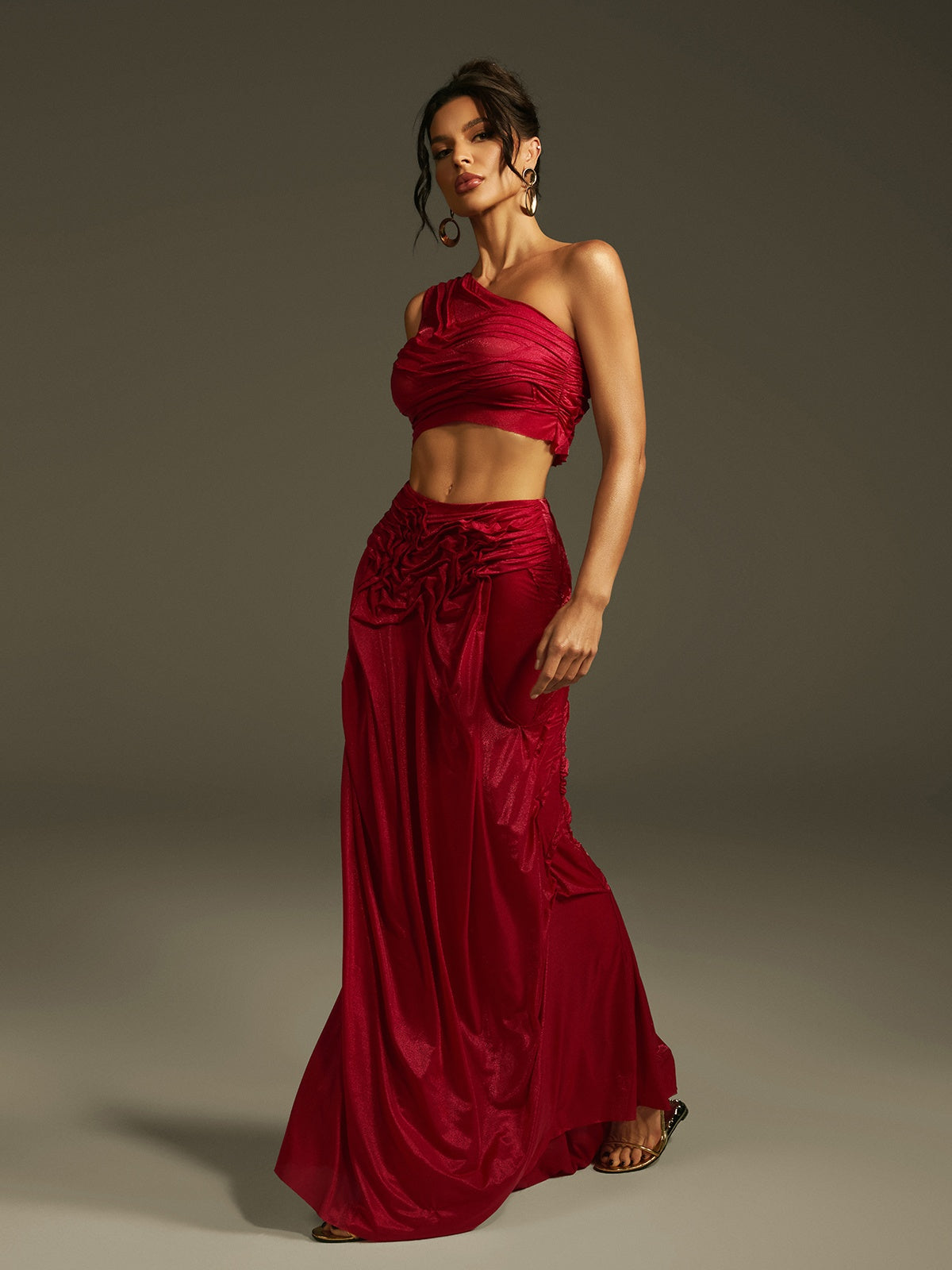 One Shoulder Ruched Skirt Set In Wine