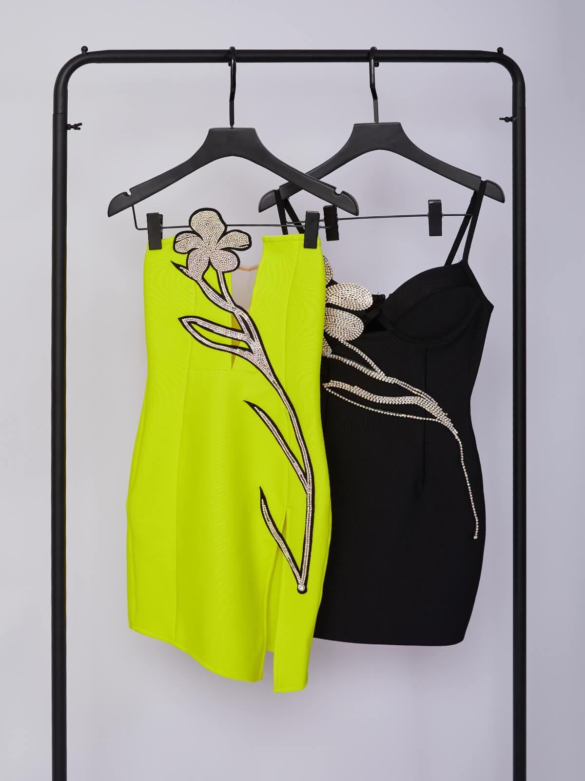 Spaghetti Strap Rhinestone Floral Applique Cutout Bandage Mini Dress