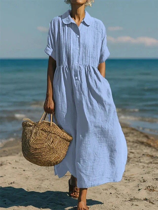 Collared Button Front Linen Short Sleeve Pleated Shirt Maxi Dress