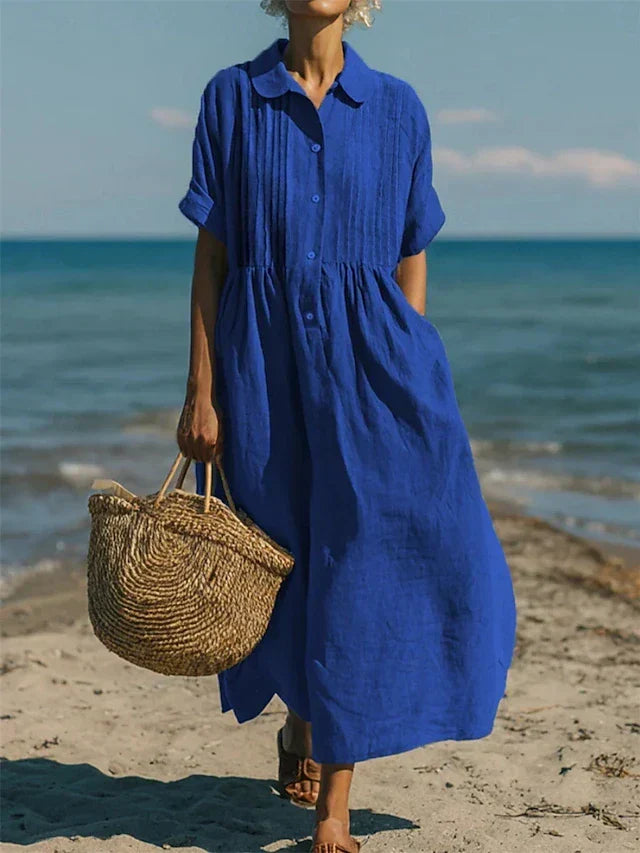 Collared Button Front Linen Short Sleeve Pleated Shirt Maxi Dress