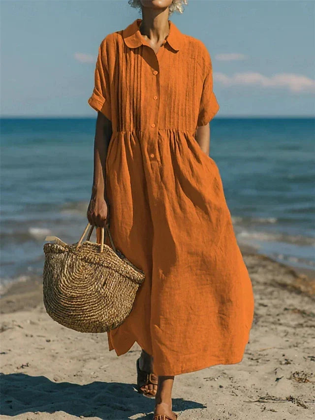 Collared Button Front Linen Short Sleeve Pleated Shirt Maxi Dress