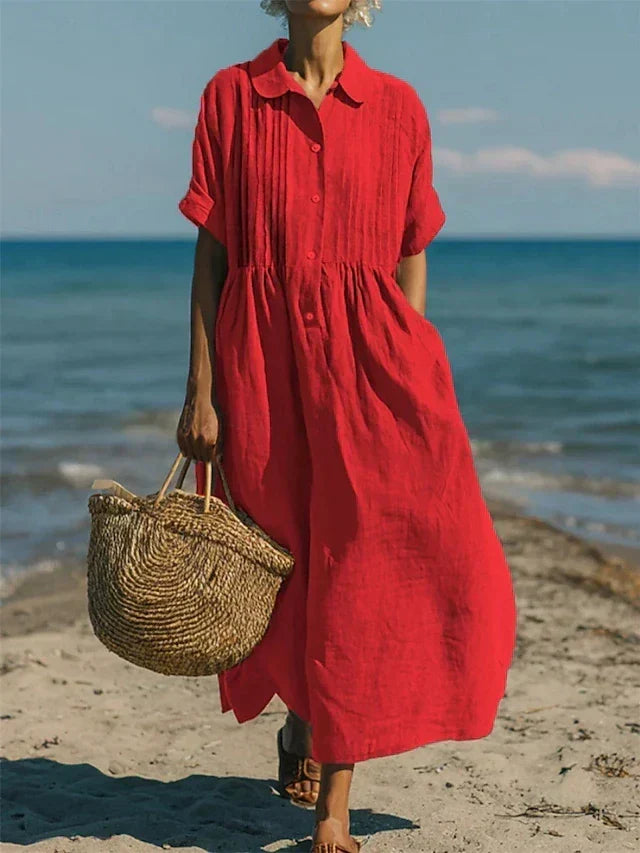 Collared Button Front Pintuck Rolled Sleeve Shirt Maxi Dress 6