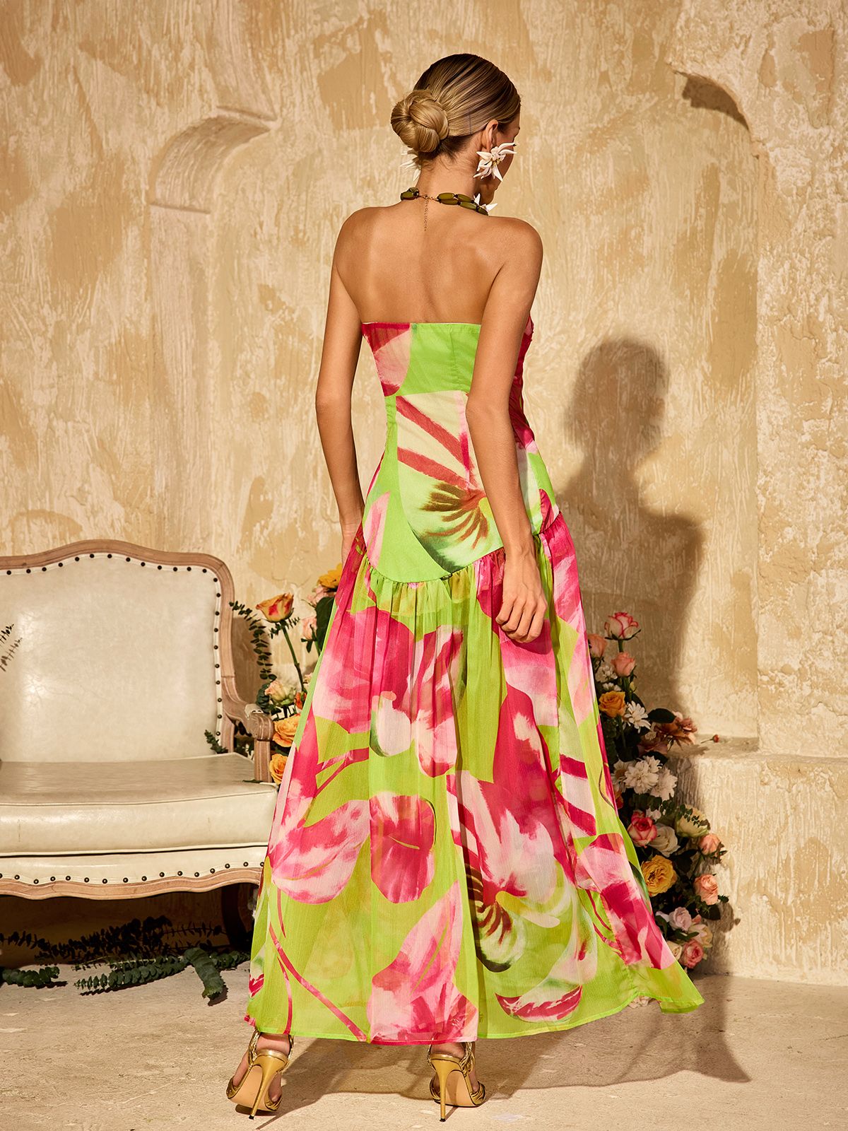Strapless Printed Split Maxi Dress In Green