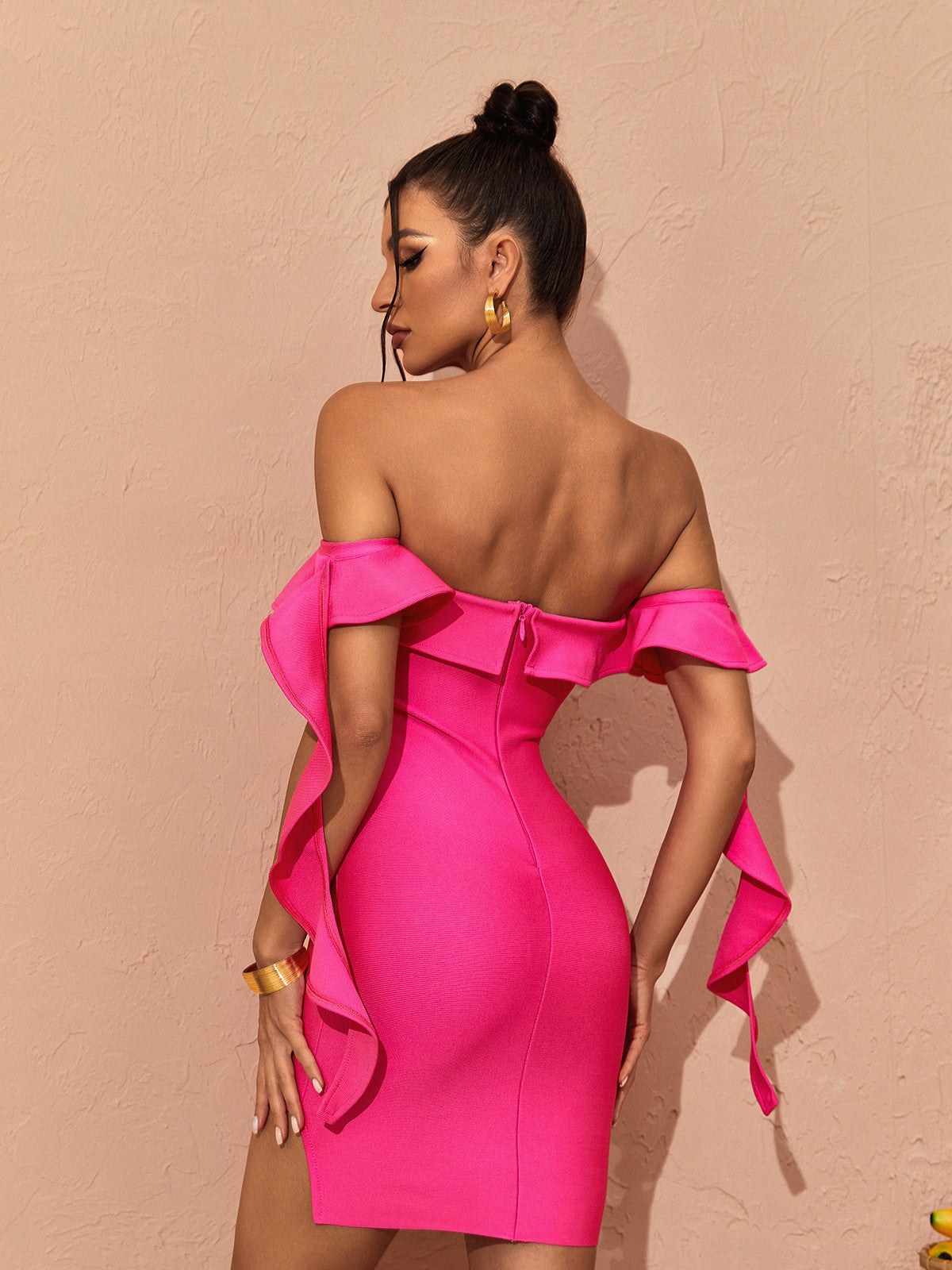 Off-Shoulder Ruffle Trim Bandage Bodycon Mini Dress