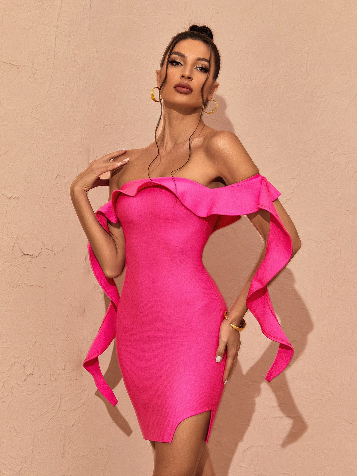 Off-Shoulder Ruffle Trim Bandage Bodycon Mini Dress