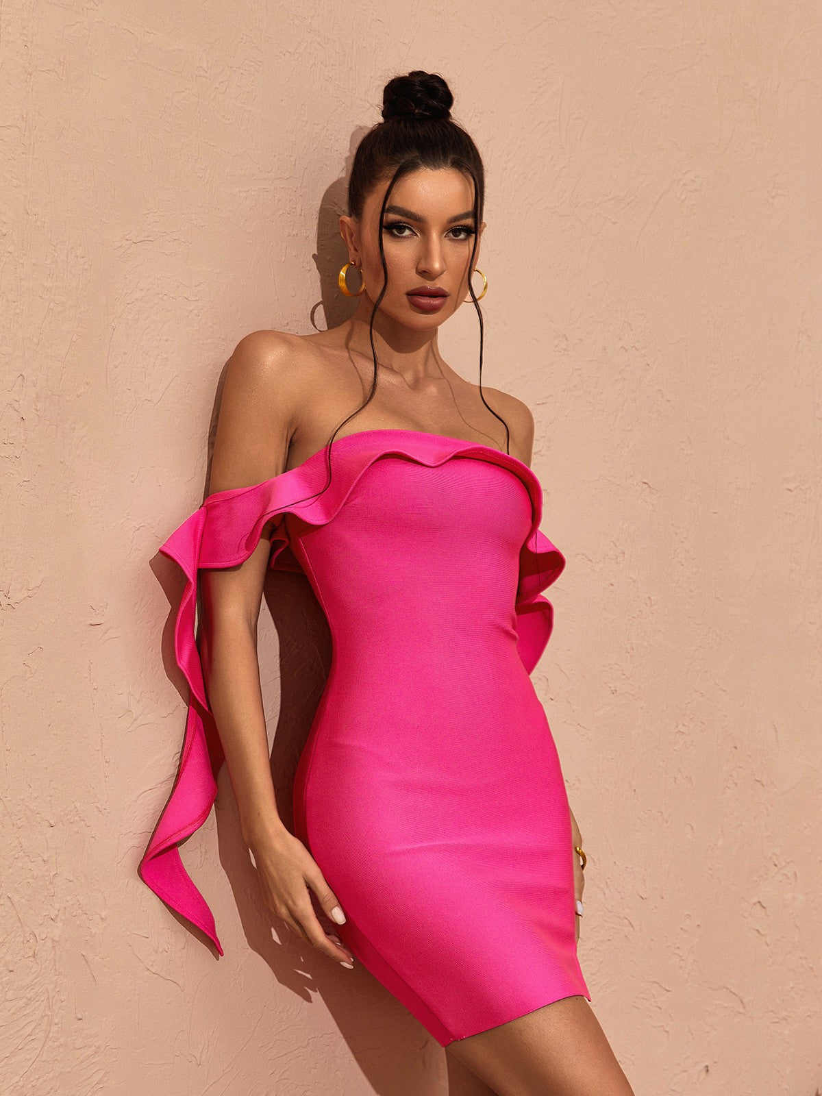 Off-Shoulder Ruffle Trim Bandage Bodycon Mini Dress