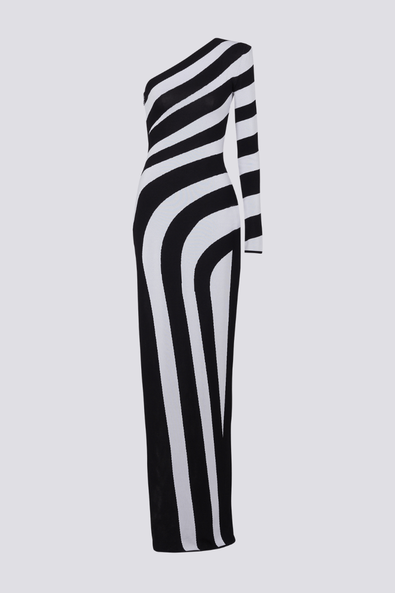 Isabel Exclusive One Shoulder Slit, Asymmetric Striped Maxi Dress Designer Edit