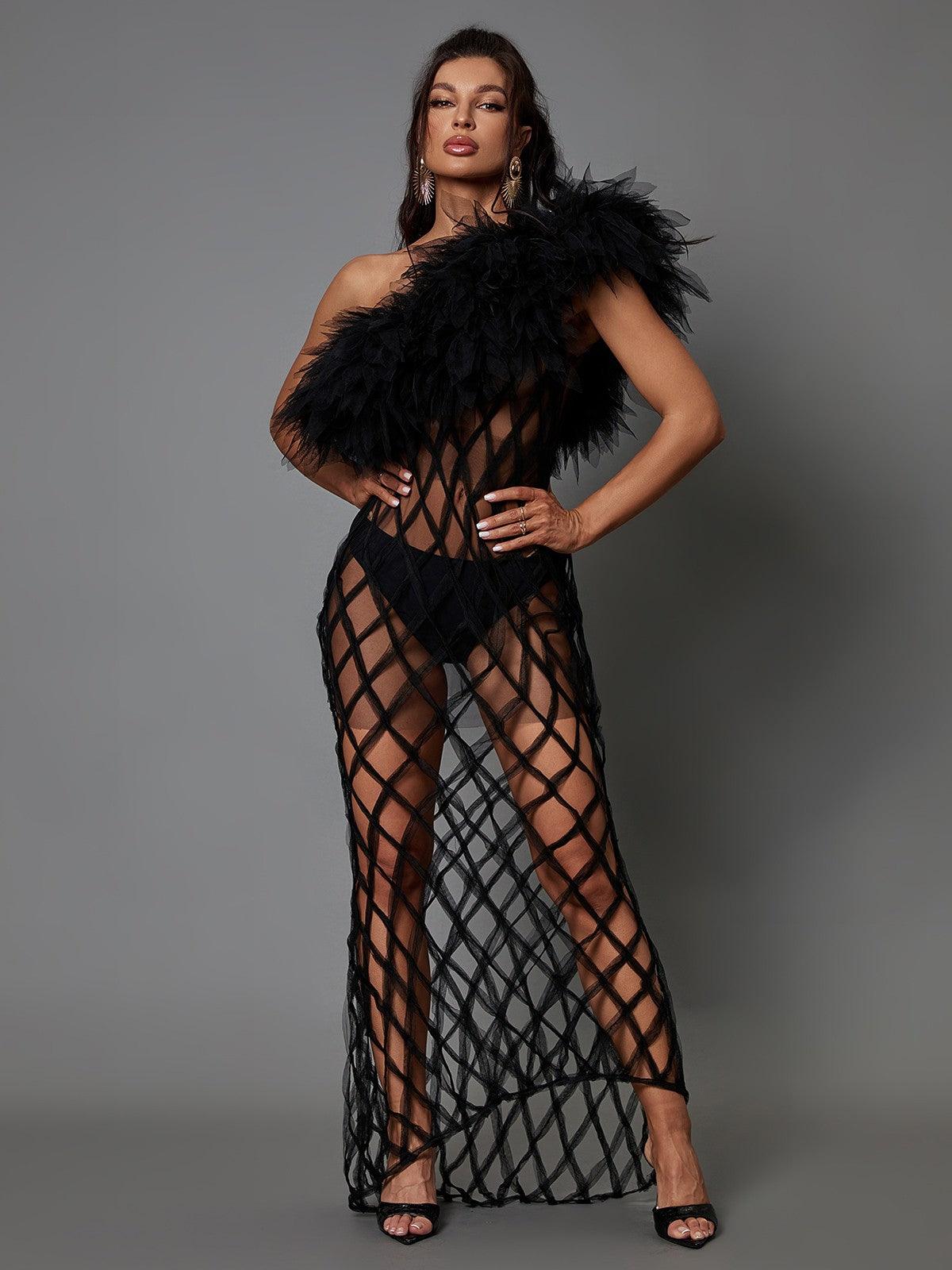 One Shoulder Tulle Ruffle Mesh Lattice Mermaid Maxi Dress