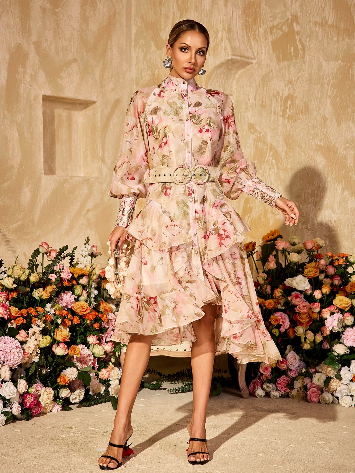 Puff Sleeves Printed Midi Dress