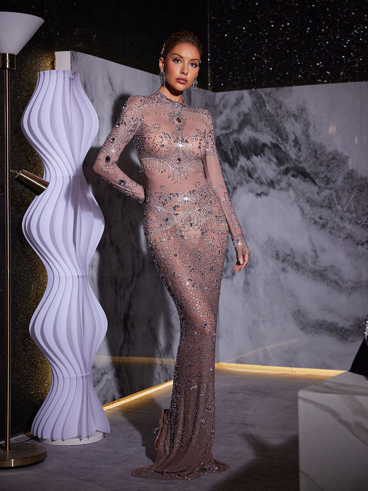 Rhinestone Fringe Mesh Maxi Dress