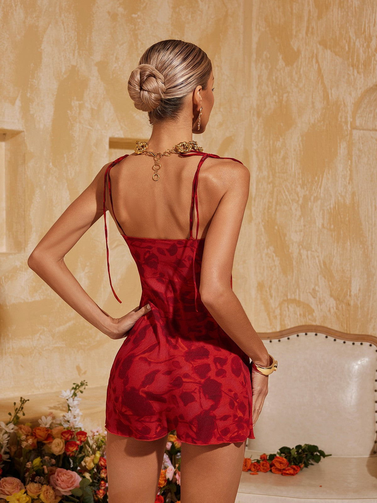 Spaghetti Floral Print Mini Dress In Red