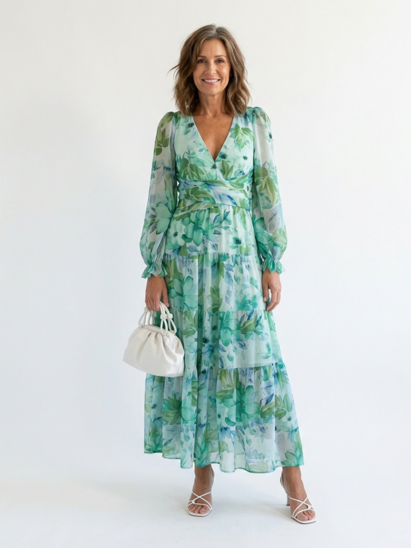 V-Neck Floral Bishop Sleeve Tiered Chiffon Maxi Dress