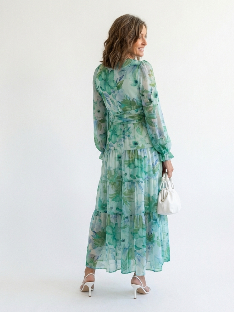 V-Neck Floral Bishop Sleeve Tiered Chiffon Maxi Dress