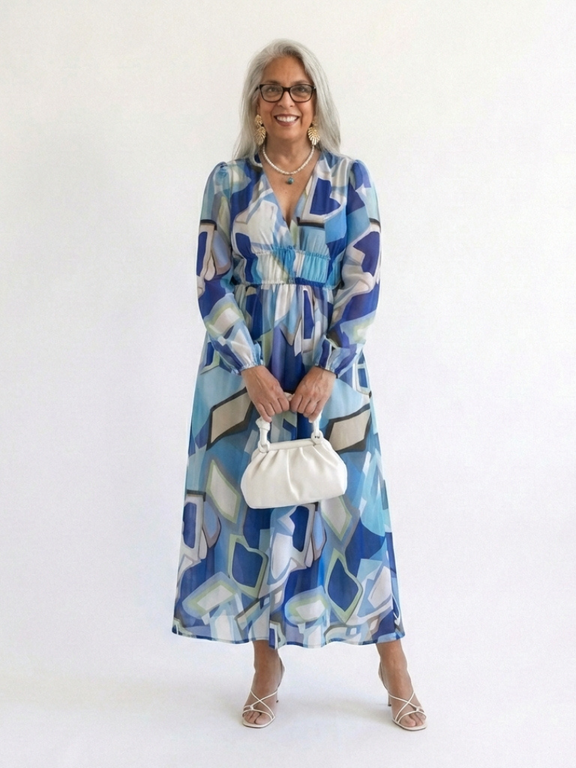 V-Neck Floral Bishop Sleeve Tiered Chiffon Maxi Dress