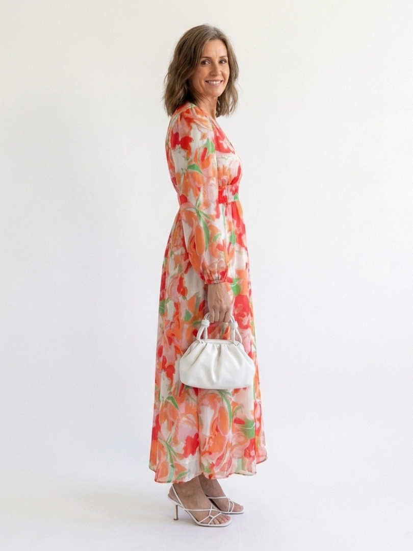 V-Neck Floral Bishop Sleeve Tiered Chiffon Maxi Dress