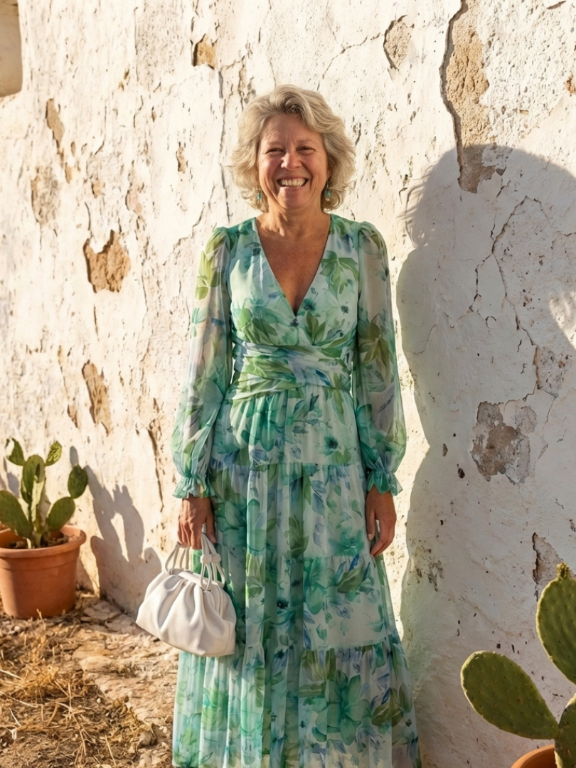 V-Neck Floral Bishop Sleeve Tiered Chiffon Maxi Dress