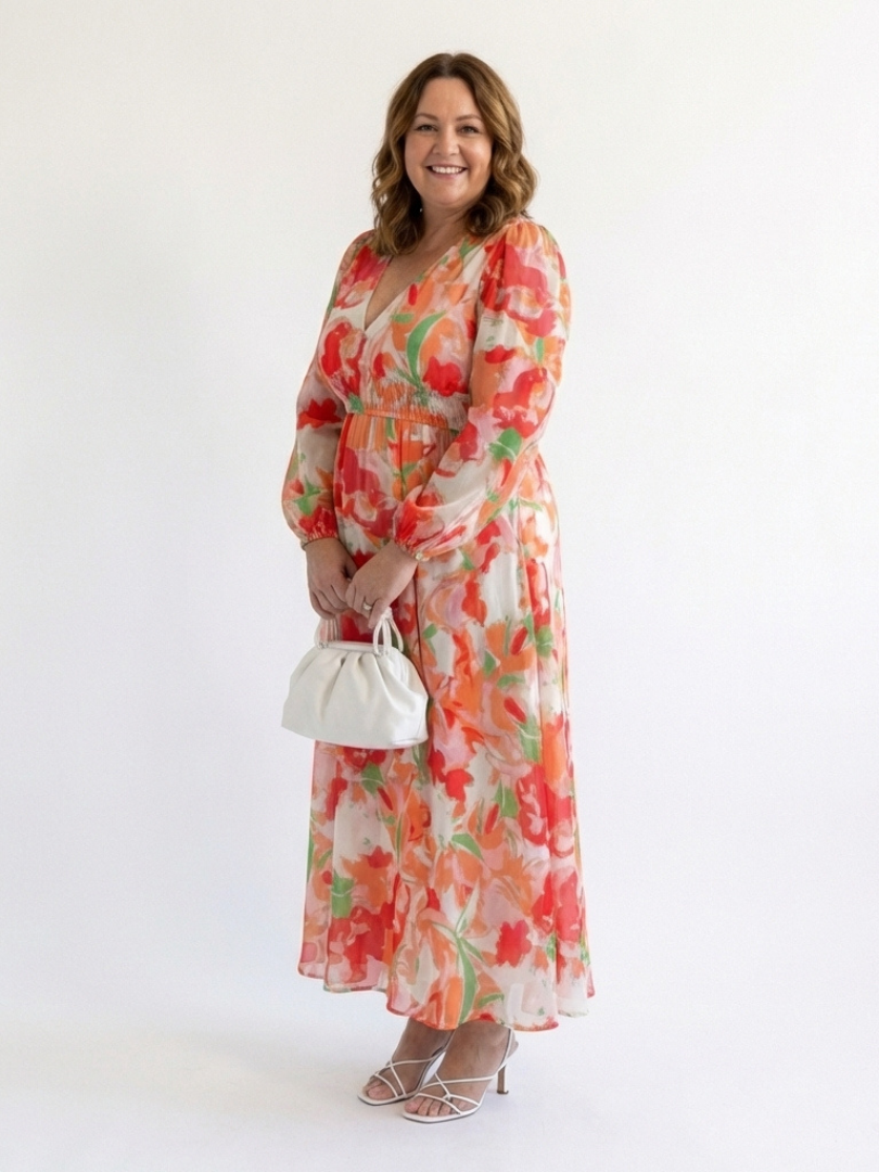 V-Neck Floral Bishop Sleeve Tiered Chiffon Maxi Dress