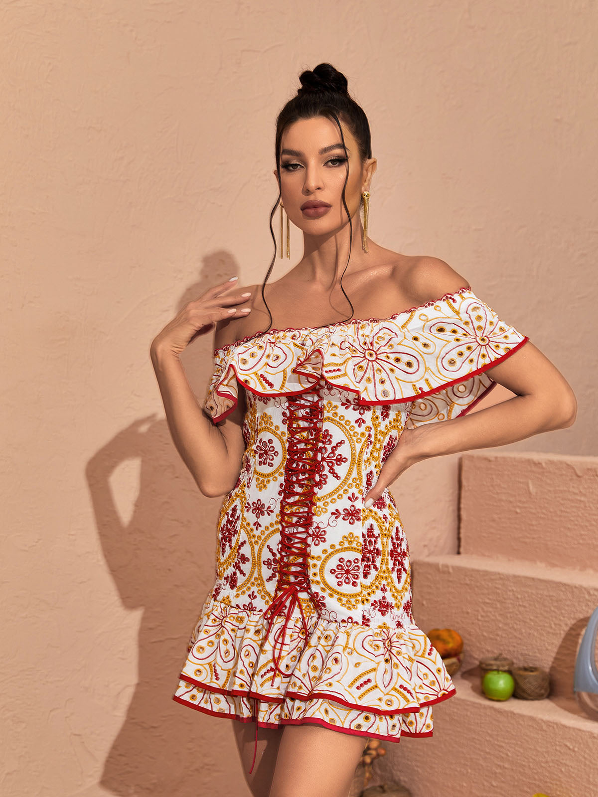 Off-Shoulder Embroidered Lace-Up Corset Ruffle Hem Mini Dress 2