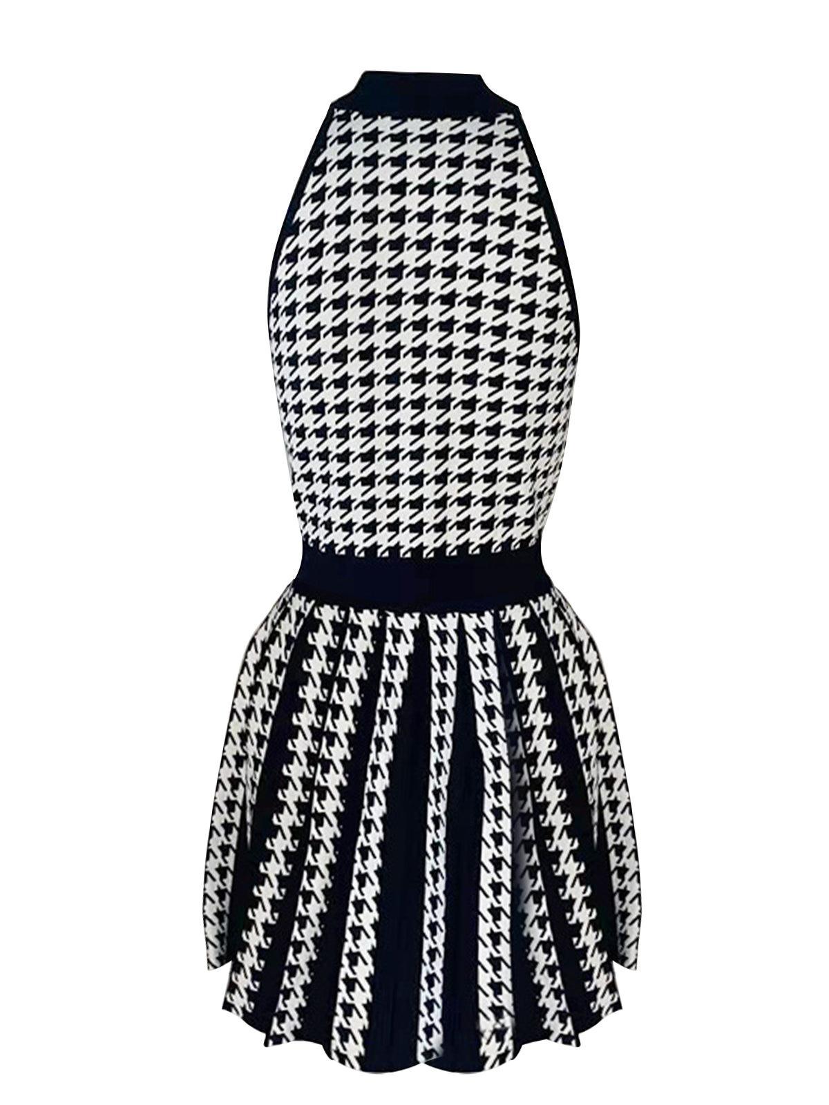 Mock Neck Sleeveless Houndstooth Knit Gold Button Pleated Mini Dress