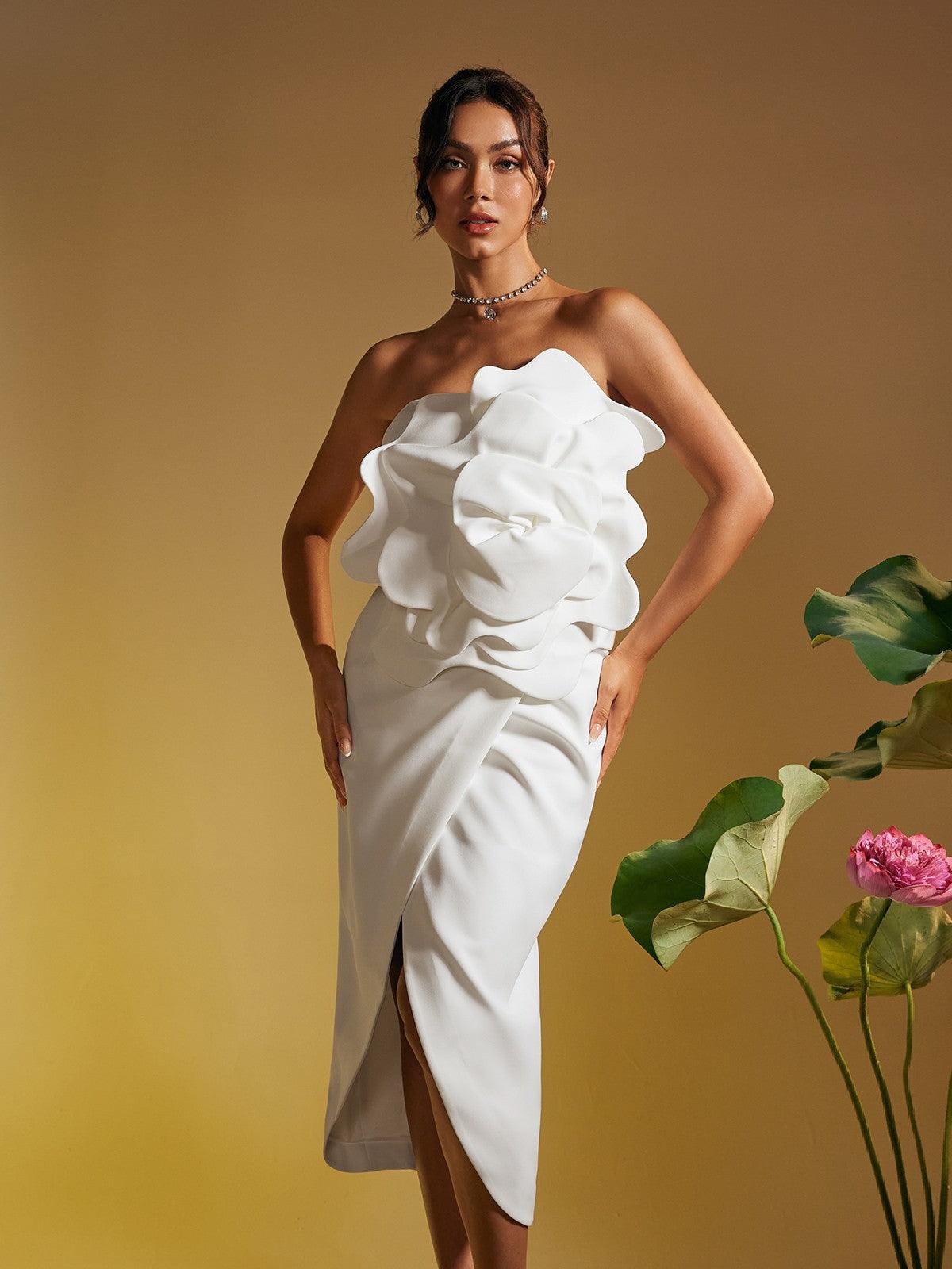 Strapless Flower Split Midi Dress