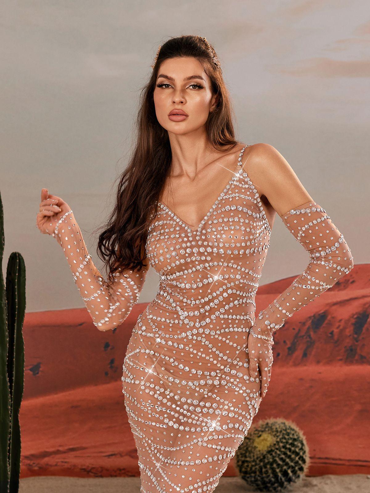 Spaghetti Rhinestone Mesh Maxi Dress