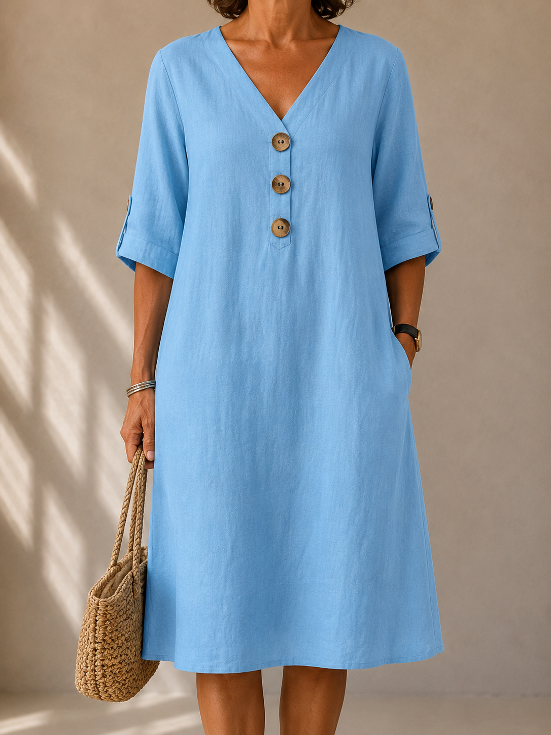 V-Neck Roll Tab Sleeve Button Linen Pocket Shift Midi Dress