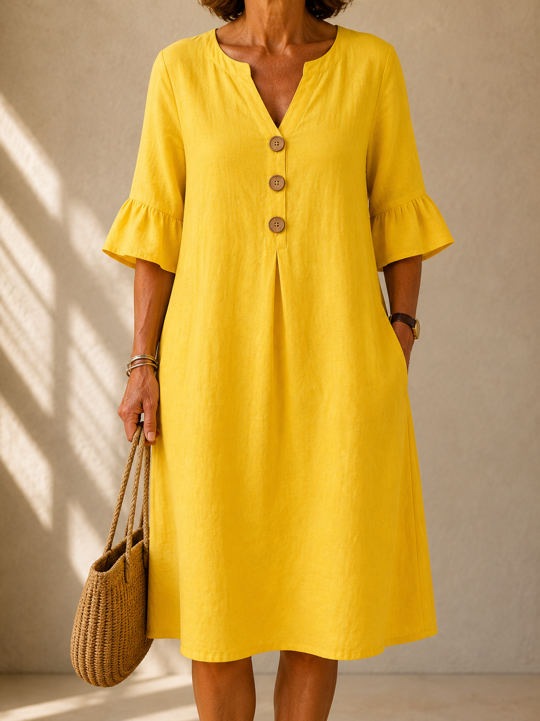 Notch Neck Ruffle Sleeve Button Linen Pocket Shift Midi Dress