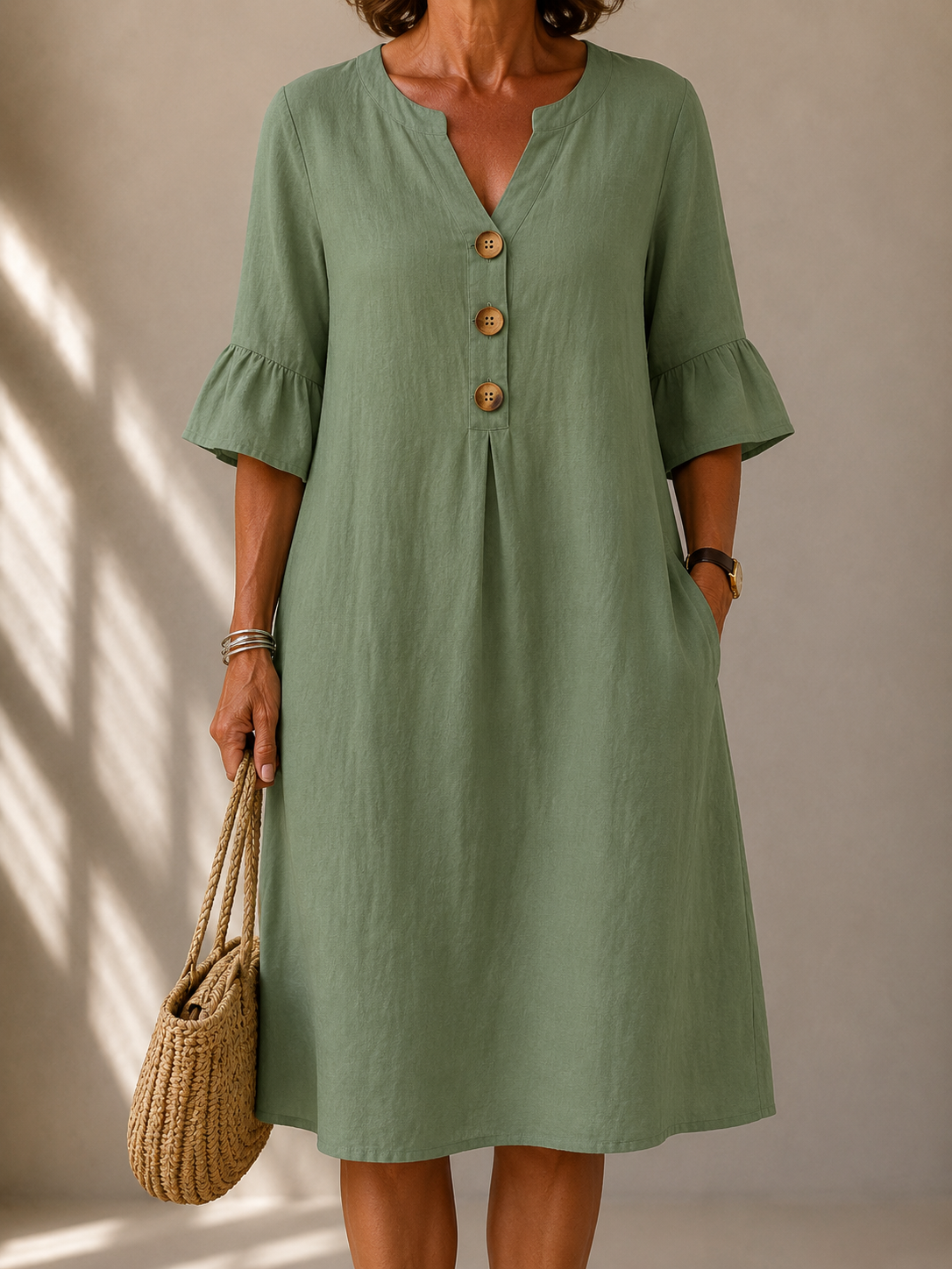 Split Neck Linen Wooden Button Ruffle Sleeve Shift Midi Dress