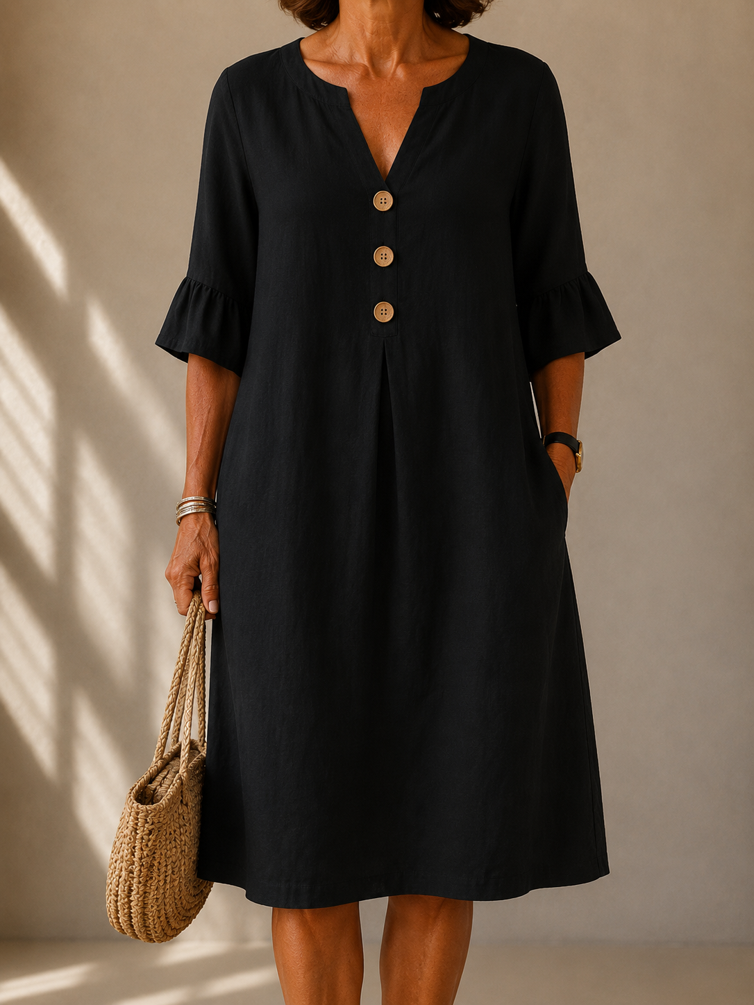 Notch V-Neck Ruffle Bell Sleeve Button Linen Shift Midi Dress