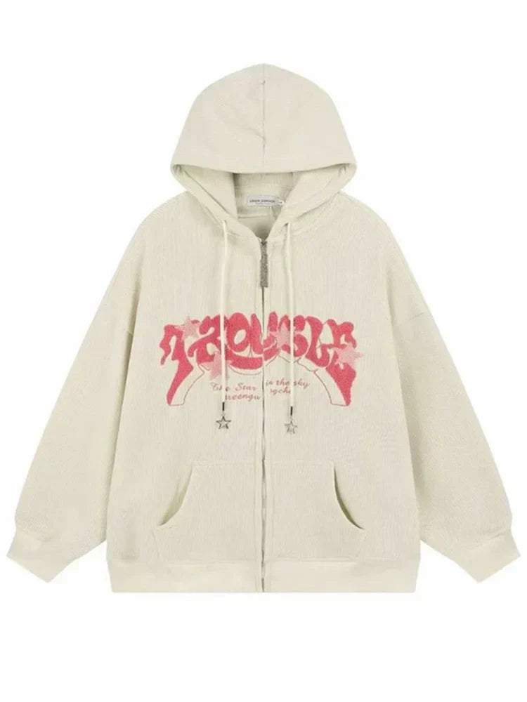 Vintage Goth Corduroy Zip Up Hoodie Beige / M(40-50KG)